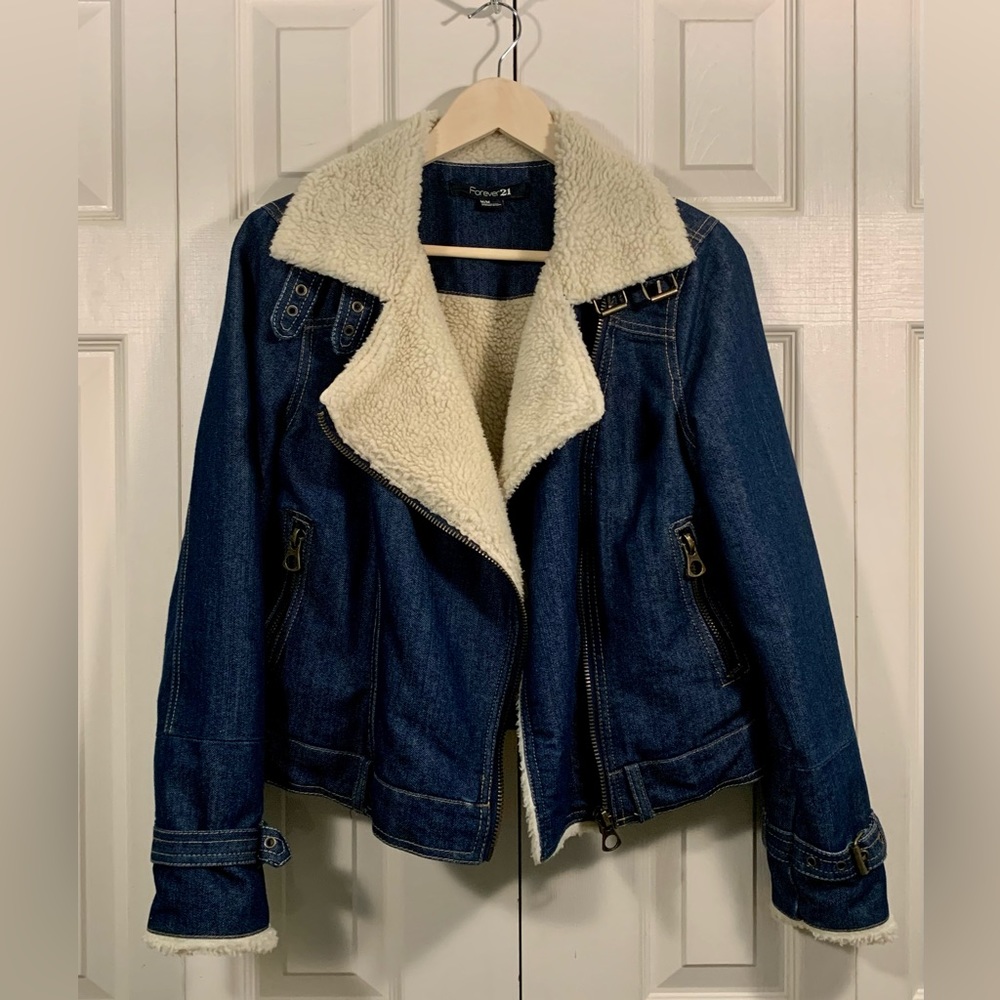 Vegan Shearling Dark Denim Moto Jacket - Picture 3 of 6